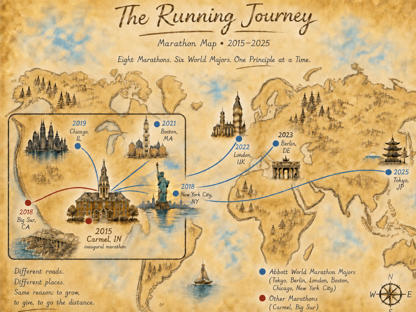 The Running Journey — Marathon Map 2015–2025. Eight marathons across Carmel, Big Sur, New York City, Chicago, Boston, London, Berlin, and Tokyo.